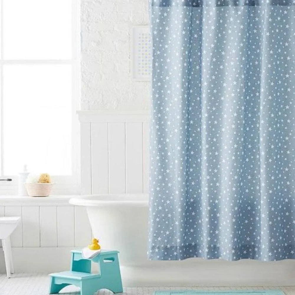 NEW Pottery Barn Kids Star Cotton Shower Curtain Dusty Blue 72x72